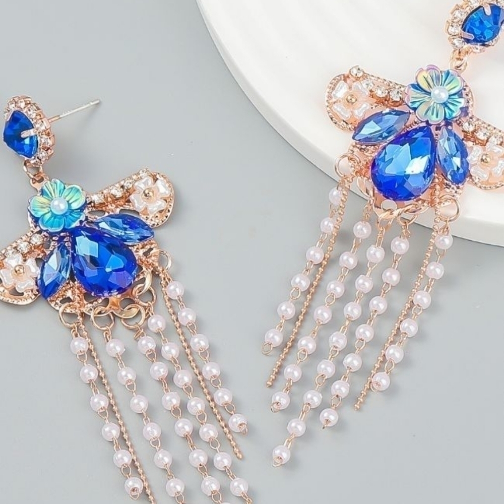 Rhinestone Tassel Faux Pearl Drop Earrings